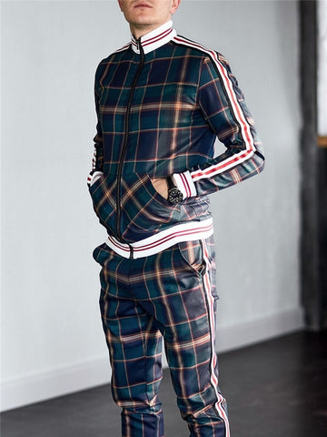 New Colorful Plaid Men Casual Zipper Stand-up collarr Sportswear 3D Print Suit Male Pocket Fashion Men Tracksuit Sets Mens set