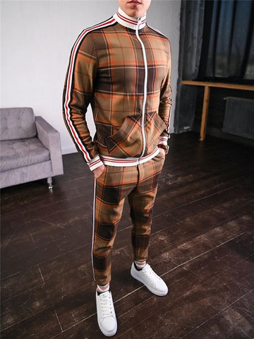 New Colorful Plaid Men Casual Zipper Stand-up collarr Sportswear 3D Print Suit Male Pocket Fashion Men Tracksuit Sets Mens set