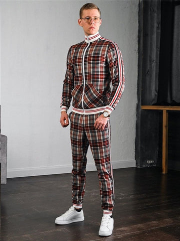 New Colorful Plaid Men Casual Zipper Stand-up collarr Sportswear 3D Print Suit Male Pocket Fashion Men Tracksuit Sets Mens set