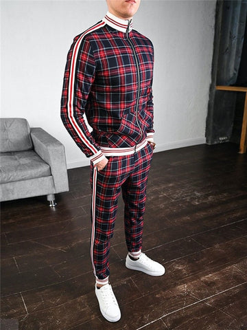 New Colorful Plaid Men Casual Zipper Stand-up collarr Sportswear 3D Print Suit Male Pocket Fashion Men Tracksuit Sets Mens set