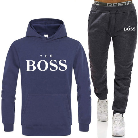 Tracksuit Men Fashion Hoodies Men Suits Brand Yes Boss Sets Men Sweatshirts+Sweatpants Autumn Winter Fleece Hooded Pullover