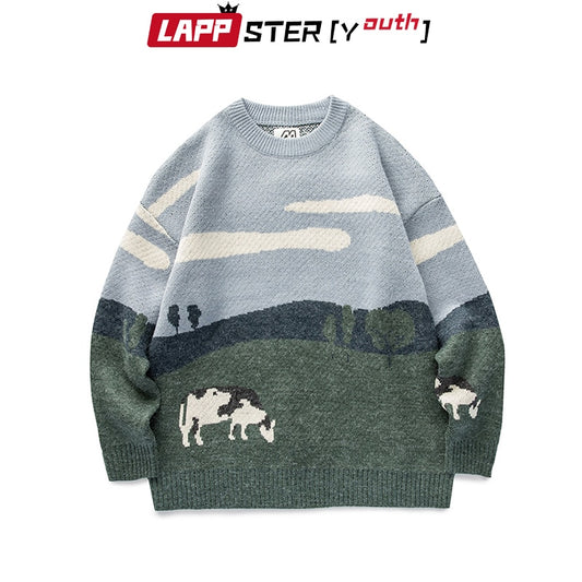 LAPPSTER-Youth Men Cows Vintage Winter Sweaters 2020 Pullover Mens O-Neck Korean Fashions Sweater Women Casual Harajuku Clothes