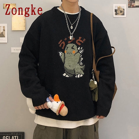 Zongke Black Knitted Sweater Men Winter Mens Clothes Pullover Mens Sweaters Harajuku Sweater Little Monster Print 2020 M-3XL