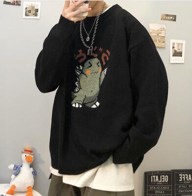 Zongke Black Knitted Sweater Men Winter Mens Clothes Pullover Mens Sweaters Harajuku Sweater Little Monster Print 2020 M-3XL