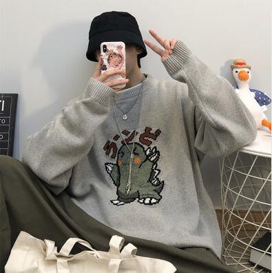 Zongke Black Knitted Sweater Men Winter Mens Clothes Pullover Mens Sweaters Harajuku Sweater Little Monster Print 2020 M-3XL