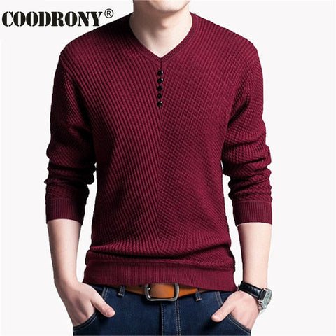 COODRONY Sweater Men Casual V-Neck Pullover Shirt Spring Autumn Slim Fit Long Sleeve Mens Sweaters Knitted Cotton Pull Homme Top