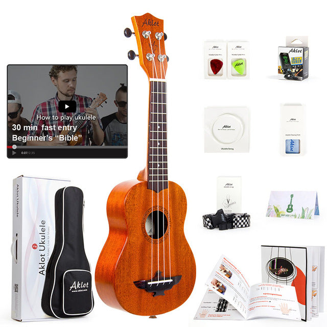 Aklot Electric Ukulele Solid Mahogany w/ Online Video Ukelele Soprano Concert Tenor Uke 4 String Guitar with Strap String Tuner