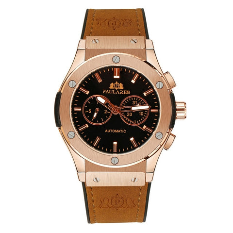 Men Automatic Self Wind Mechanical Rose Gold Silver Black Case Brown Leather Rubber Strap Casual Sports Geneve Watch