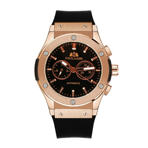 Men Automatic Self Wind Mechanical Rose Gold Silver Black Case Brown Leather Rubber Strap Casual Sports Geneve Watch