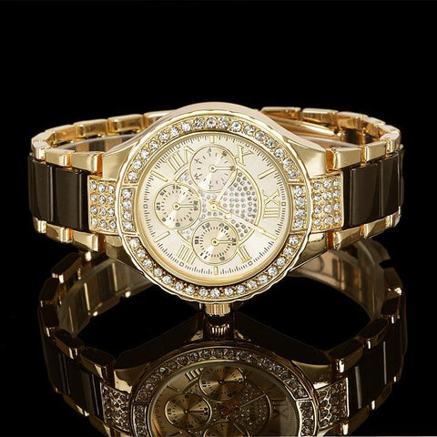 Women Crystal Watch Round Designer Ladies Fashion Bracelet Style Famous Brand Gold Geneva Women Stainless Steel Quartz Watch