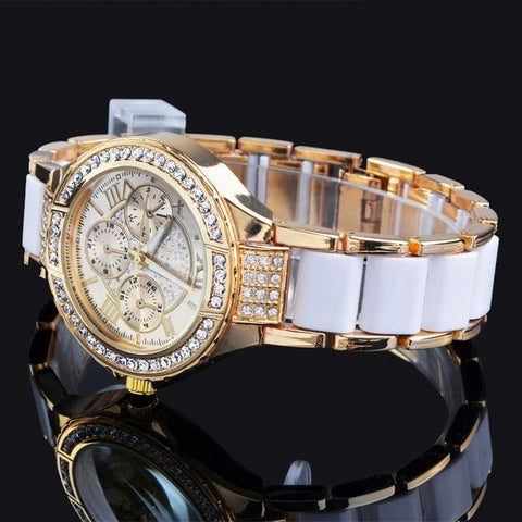 Women Crystal Watch Round Designer Ladies Fashion Bracelet Style Famous Brand Gold Geneva Women Stainless Steel Quartz Watch