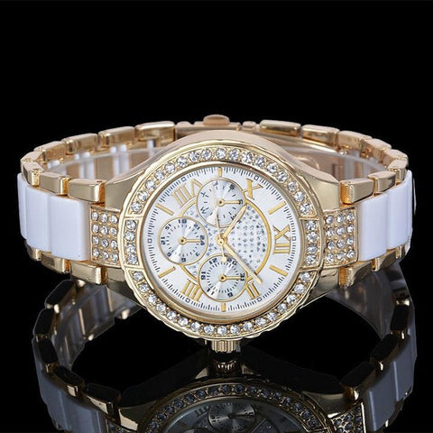 Women Crystal Watch Round Designer Ladies Fashion Bracelet Style Famous Brand Gold Geneva Women Stainless Steel Quartz Watch