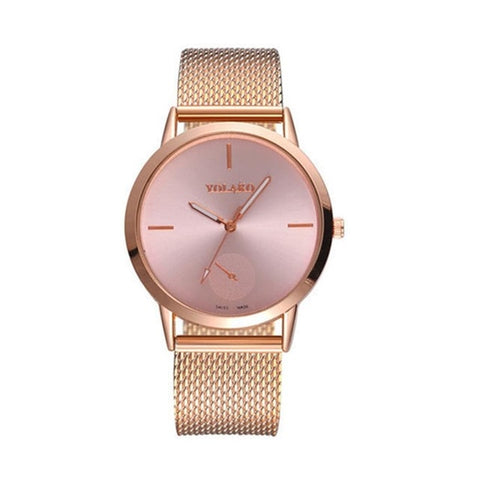 Casual Pointer Fashion Black Glass 44mm Round Rose Quartz Dial Men Buckle Gold PVC Silver 10mm Wristband Watch Alloy Red