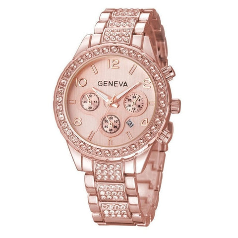 Luxury Iced Out Pave Floating Crystal Quartz Calendar Rose Gold Stainless Steel Watch