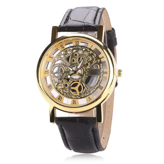 2019 Hollow Quartz Watch men Leather Brand Gold Mens Casual Dress Leather band Clock male Boys Trending Male clock relogio saat